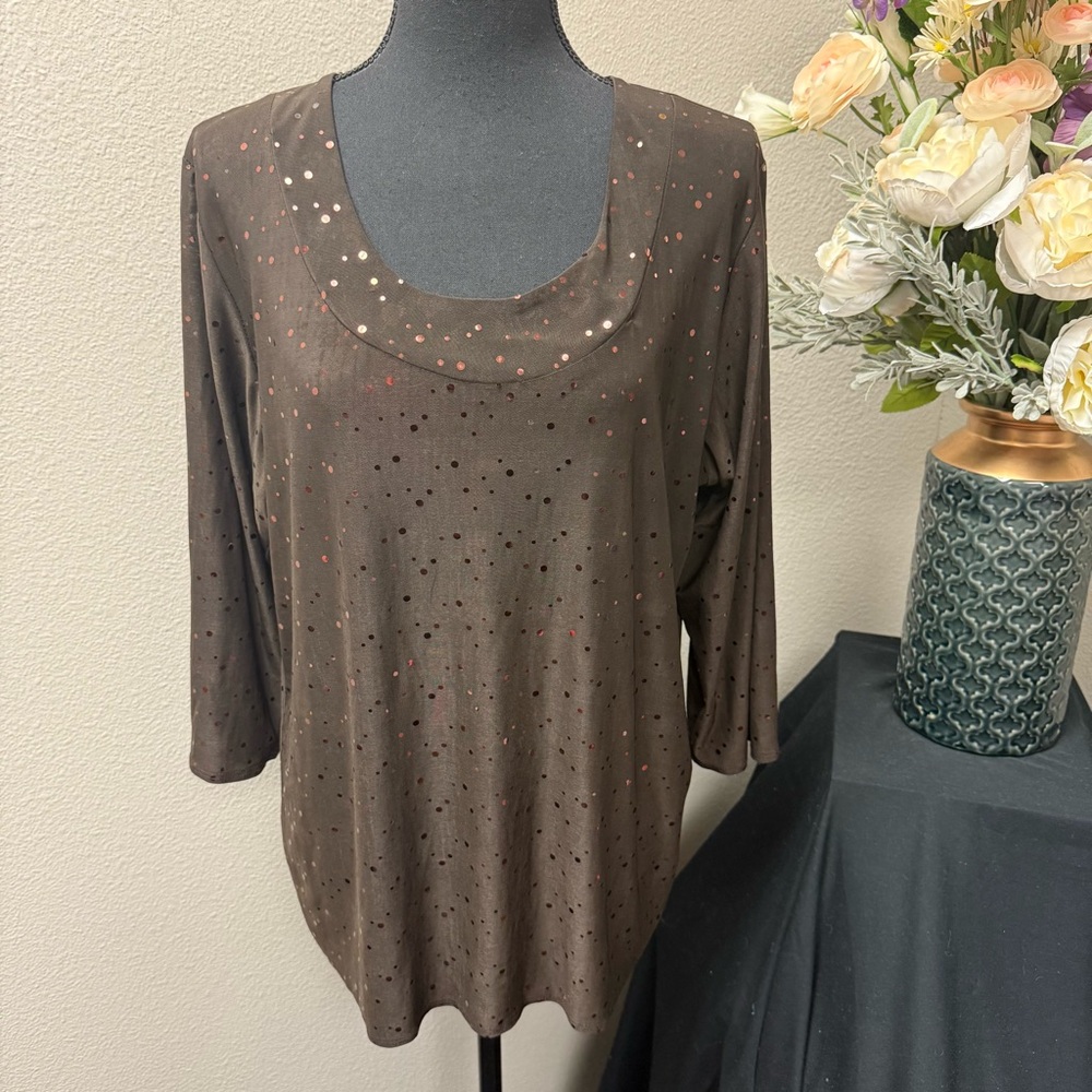 Susan Graver Brown Metallic Dot Top L | Shimmer Stretch Tunic Fall Holiday